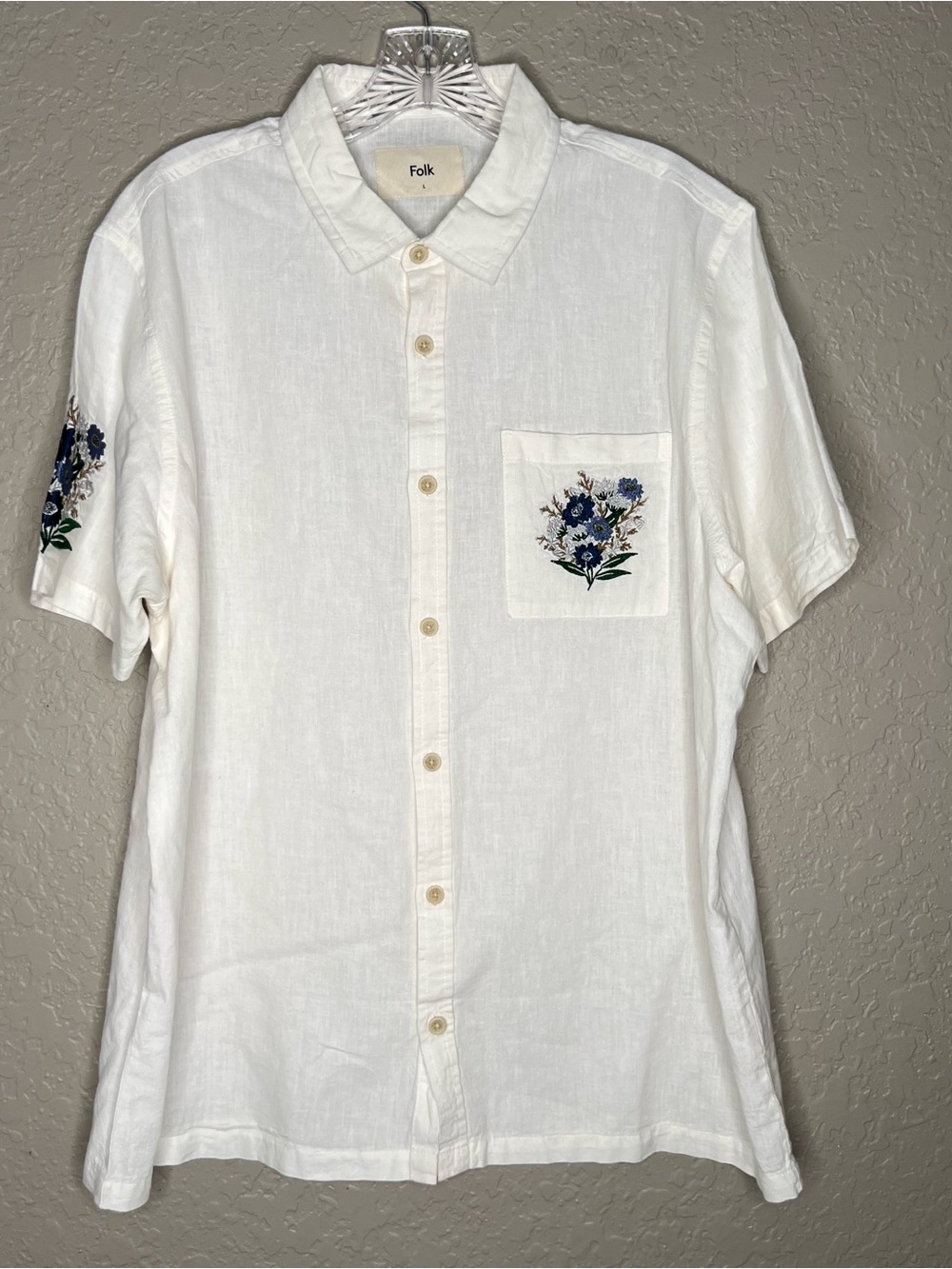 FOLK Linen Blend White Flower embroidered shirt Sz L  Summer, Beach Vacation